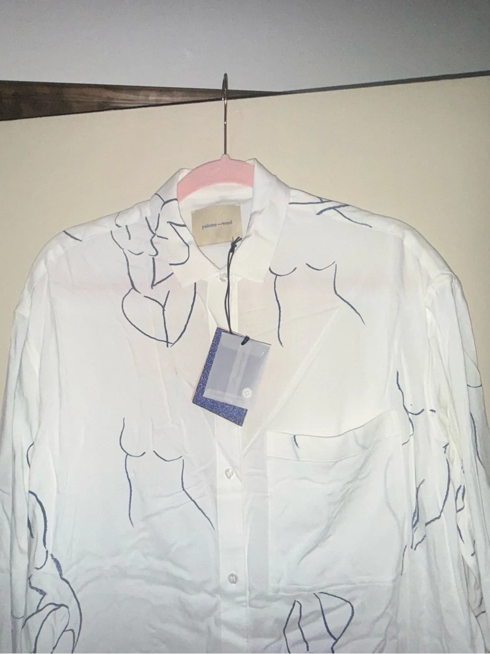 NWT PALOMA WOOL WOMENS LEANDRA BUTTON-UP BLOUSE, SIZE OS (MEDIUM), WHITE/BLUE - Picture 7 of 14